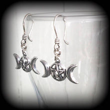 Load image into Gallery viewer, Triple moon earrings Pentagram earrings Pentagram earrings Pagan earrings Coven earrings Full moon Spellcraft Plug earrings Tunnel earrings
