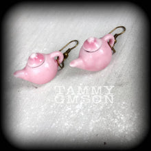 Load image into Gallery viewer, Tea pot earrings Pink teapot earrings Barista jewelry Alice in Wonderland Tea Party earrings High Tea 3mm Tunnel earrings 00g Plug earrings