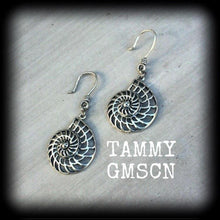 Load image into Gallery viewer, Fibonacci earrings Ammonite Nautilus earrings Sacred geometry earrings Boho Beach jewelry Science earrings Gifts for geeks Perfect ratio 3mm