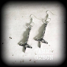 Load image into Gallery viewer, Inverted Cross earrings Cross Tunnel earrings Satanic Plug earrings Evil Gothic Occult Temple of Set Evil earrings Evil Satanic jewelry  14g