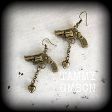 Load image into Gallery viewer, Gun earrings Heart Pistol Weapon earrings Tattoo Dangle Punk Pierced ears Gauged earrings Riot Grrl Plug earrings Tunnel earrings Gauges 2g