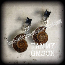 Load image into Gallery viewer, Ammonite earrings Nautilus earrings Fossil earrings Sacred Geometry Fibonacci Dangle earrings Tunnel earrings Science earrings Plug earrings