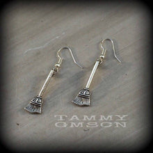 Load image into Gallery viewer, Witchy earrings Besom earrings Witches broom Pagan earrings Gothic earrings Halloween earrings Tunnel dangles Tunnel earrings Plug dangles