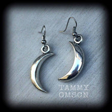 Load image into Gallery viewer, Crescent Moon earrings Moon earrings Esoteric earrings Witchy earrings Pagan earrings Gothic Occult Goddess Esoteric earrings Pierced ears
