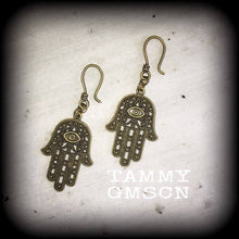 Load image into Gallery viewer, Hand of Fatima ear hangers Hamsa Hand Tunnel dangles Bronze Plug dangles Evil eye Plug earrings Gauged earrings Hanging gauges Gauges 00g 0g