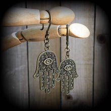 Load image into Gallery viewer, Hand of Fatima ear hangers Hamsa Hand Tunnel dangles Bronze Plug dangles Evil eye Plug earrings Gauged earrings Hanging gauges Gauges 00g 0g