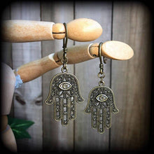Load image into Gallery viewer, Hand of Fatima ear hangers Hamsa Hand Tunnel dangles Bronze Plug dangles Evil eye Plug earrings Gauged earrings Hanging gauges Gauges 00g 0g