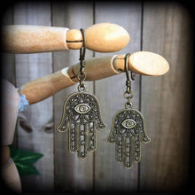 Load image into Gallery viewer, Hand of Fatima ear hangers Hamsa Hand Tunnel dangles Bronze Plug dangles Evil eye Plug earrings Gauged earrings Hanging gauges Gauges 00g 0g