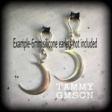 Load image into Gallery viewer, Crescent Moon plug dangles 6mm ear hangers Silver moon plug earrings Tunnel dangles Gauged earrings Hanging gauges Moon ear weights 2 gauge