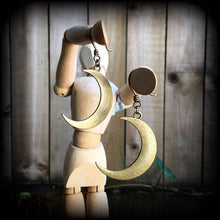 Load image into Gallery viewer, Bronze moon earrings Crescent Moon earrings Goddess earrings Pagan earrings Esoteric earrings Moon jewelry Pierced ears 3mm Tunnel earrings