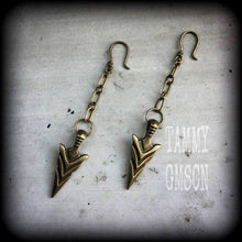 Load image into Gallery viewer, Bronze ear weights, 3mm ear hangers, 8 gauge arrow earrings, Goddess Artemis, Gauged earrings Plug dangles, Hanging gauges, Tunnel dangles