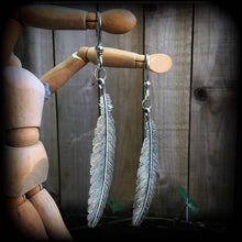 Load image into Gallery viewer, Feather ear hangers Goddess Plug dangles Artemis Tunnel dangles Hanging gauges Gauged earrings Dianic Wicca Plug weights 00g 0g 2g 4g 6g 8g