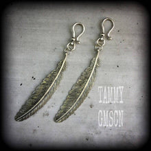 Load image into Gallery viewer, Feather ear hangers Goddess Plug dangles Artemis Tunnel dangles Hanging gauges Gauged earrings Dianic Wicca Plug weights 00g 0g 2g 4g 6g 8g