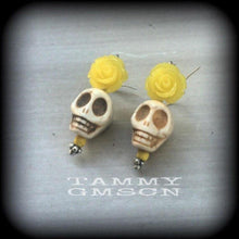 Load image into Gallery viewer, Rockabilly earrings Halloween ear hangers Day of the Dead Skull Rose earrings Santeria Voodoo Los Muertos Cinco de Mayo Tunnel dangles 0g 2g
