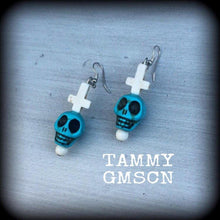 Load image into Gallery viewer, Frost Bite earrings  Day of the Dead earrings Skull earrings Inverted cross earrings Halloween earrings Plug dangles Tunnel earrings Gauges