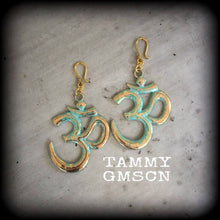 Load image into Gallery viewer, Ohm tunnel dangles, Chakra ear hangers, Zen jewelry, Plug dangles, Plug earrings, Tunnel earrings, Gauged earrings, Buddhist jewelry 00g 0g