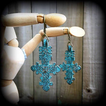 Load image into Gallery viewer, Lovecraft earrings Medieval Cross earrings Patina Inverted Cross Dagon Tunnel earrings Evil eye Esoteric Ocean Gauged earrings Plug earrings
