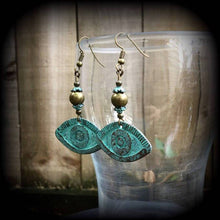 Load image into Gallery viewer, Evil Eye earrings Hamsa earrings Lovecraft Nautical Esoteric earrings Verdigris Patina earrings Tunnel dangles Plug earrings Gauged earrings