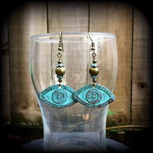 Load image into Gallery viewer, Evil Eye earrings Hamsa earrings Lovecraft Nautical Esoteric earrings Verdigris Patina earrings Tunnel dangles Plug earrings Gauged earrings