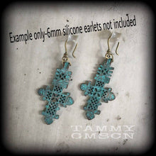 Load image into Gallery viewer, Cross Ear weights Bronze Ear hangers Lovecraft Evil Eye Esoteric Gauged earrings Verdigris Patina Tunnel dangles Plug dangles Hanging gauges
