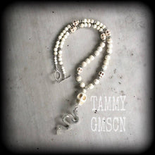 Load image into Gallery viewer, Damballah necklace Snake necklace Snake pendant 'Ascending Snake' Voodoo Loa Goddess White howlite stone skull and antique silver necklace