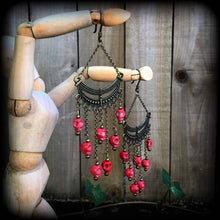 Load image into Gallery viewer, Kali earrings, Red skull earrings, Goddess earrings, Kali Maa jewelry, Hindu jewelry, Tunnel earrings, Plug earrings, Skull jewelry, Gauges