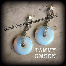 Load image into Gallery viewer, Opalite earrings Moonstone earrings Gemstone earrings Boho earrings Statement earrings Tunnel earrings Plug earrings 8mm 6mm tunnel dangles