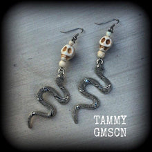 Load image into Gallery viewer, Damballah earrings Snake Serpent Stone Skull Voodoo Gauged earrings Loa earrings Dangle earrings Tunnel earrings Plugs Pierced ears 2g 4g 6g