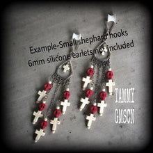 Load image into Gallery viewer, Skull earrings Voodoo ear weights Marie Laveau Los Muertos Loa Santeria Inverted cross Gauged earrings Day of the Dead Tunnel dangles Gauges