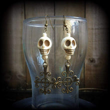 Load image into Gallery viewer, Voodoo earrings Skull Plug earrings Stone Pierced ears Fleur de lis Erzulie Loa Santeria Tunnel earrings Ear hangers French hooks Gauges 0g