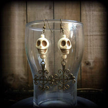 Load image into Gallery viewer, Voodoo earrings Skull Plug earrings Stone Pierced ears Fleur de lis Erzulie Loa Santeria Tunnel earrings Ear hangers French hooks Gauges 0g