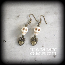 Load image into Gallery viewer, Voodoo Loa earrings Erzulie Tunnel earrings Skull Plug earrings Stone ear hangers Halloween Gothic Santeria Pierced ears Tunnel dangles 2g