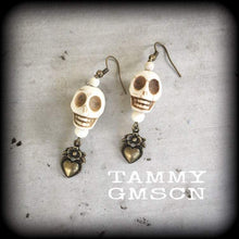 Load image into Gallery viewer, Skull earrings Voodoo earrings Heart earrings Erzulie Day of the dead earrings Love Tunnel dangles Plug dangles Tunnel earrings Santeria 0g