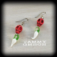 Load image into Gallery viewer, Skull earrings Chilli earrings Day of the Dead earrings Cinco de Mayo earrings Stone earrings Glass earrings Pierced ears Stretched ears
