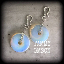 Load image into Gallery viewer, Opalite earrings Moonstone earrings Gemstone earrings Boho earrings Statement earrings Tunnel earrings Plug earrings 8mm 6mm tunnel dangles
