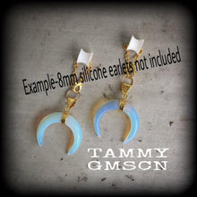 Load image into Gallery viewer, Opalite earrings Gemstone Quartz Crystal Stone Moonstone earrings Crescent moon earrings Moon earrings Dangle earrings Gauged earrings 2g