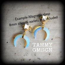 Load image into Gallery viewer, Opalite earrings Gemstone Quartz Crystal Stone Moonstone earrings Crescent moon earrings Moon earrings Dangle earrings Gauged earrings 2g