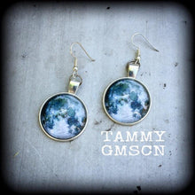Load image into Gallery viewer, Full moon earrings Wicca earrings Pagan jewelry Moon phase jewelry Astronomy Astrology Planet jewelry Gauged earrings Plug earrings Gauges