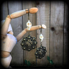 Load image into Gallery viewer, Erzulie earrings Skull earrings Ston Tunnel earrings Plug earrings Voodoo Loa Santeria Halloween Pierced ears Gauged earrings Haitian Voodoo