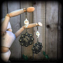Load image into Gallery viewer, Voodoo ear weights Skull ear hangers Erzulie Loa Voodoo Tunnel dangles Santeria Plug dangles Hanging gauges Gauged earrings Gauges 00g 0g 2g
