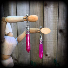 Load image into Gallery viewer, Pink agate earrings Gemstone earrings Stone Earrings Pendulum earrings Dangle earrings Pierced ears Tunnel earrings Plug earrings Gauges 0g
