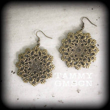 Load image into Gallery viewer, Mandala earrings Geometric earrings Sacred Geometry Bronze Fractal Plug earrings Tunnel dangles Yoga earrings Boho earrings Pierced ears