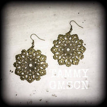 Load image into Gallery viewer, Mandala earrings Geometric earrings Sacred Geometry Bronze Fractal Plug earrings Tunnel dangles Yoga earrings Boho earrings Pierced ears