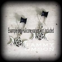 Load image into Gallery viewer, Triple moon earrings Pentagram earrings Pentagram earrings Pagan earrings Coven earrings Full moon Spellcraft Plug earrings Tunnel earrings