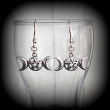 Load image into Gallery viewer, Triple moon earrings Pentagram earrings Pentagram earrings Pagan earrings Coven earrings Full moon Spellcraft Plug earrings Tunnel earrings