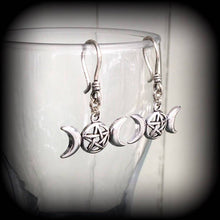 Load image into Gallery viewer, Triple moon earrings Pentagram earrings Pentagram earrings Pagan earrings Coven earrings Full moon Spellcraft Plug earrings Tunnel earrings