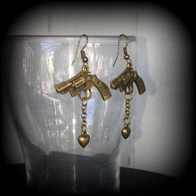Load image into Gallery viewer, Gun earrings Heart Pistol Weapon earrings Tattoo Dangle Punk Pierced ears Gauged earrings Riot Grrl Plug earrings Tunnel earrings Gauges 2g