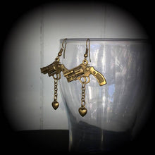 Load image into Gallery viewer, Gun earrings Heart Pistol Weapon earrings Tattoo Dangle Punk Pierced ears Gauged earrings Riot Grrl Plug earrings Tunnel earrings Gauges 2g