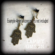 Load image into Gallery viewer, Hand of Fatima ear hangers Hamsa Hand Tunnel dangles Bronze Plug dangles Evil eye Plug earrings Gauged earrings Hanging gauges Gauges 00g 0g