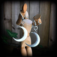 Load image into Gallery viewer, Crescent Moon plug dangles 6mm ear hangers Silver moon plug earrings Tunnel dangles Gauged earrings Hanging gauges Moon ear weights 2 gauge
